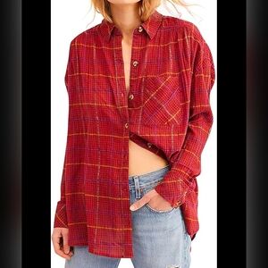 Free People/ Break My Stride/ Gauzy Cotton/ Red Plaid Button-Down Top/ Size US S